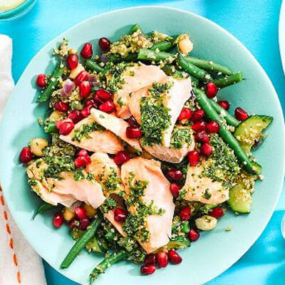 Coriander salmon with curried quinoa & pomegranate