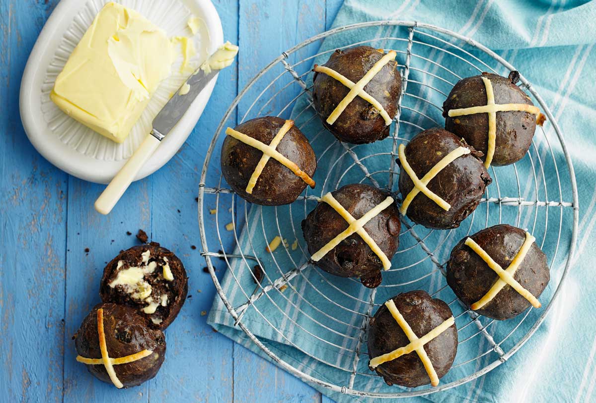 Double choc hot cross buns