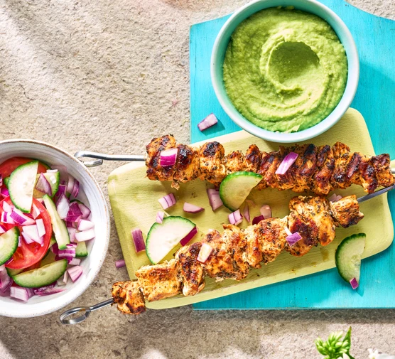 Spiced chicken kebabs with chopped salad & flatbreads