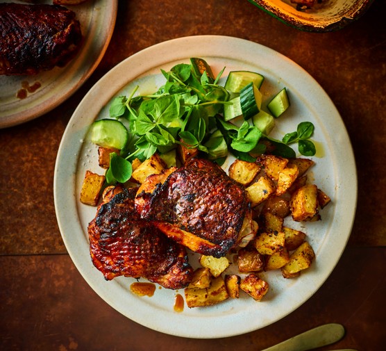 Air-fryer sticky chicken with crispy potatoes