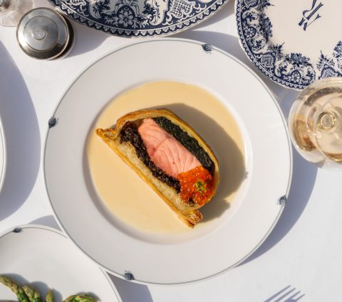 Iconic Plate: Salmon coulibiac with beurre blanc and cured salmon eggs