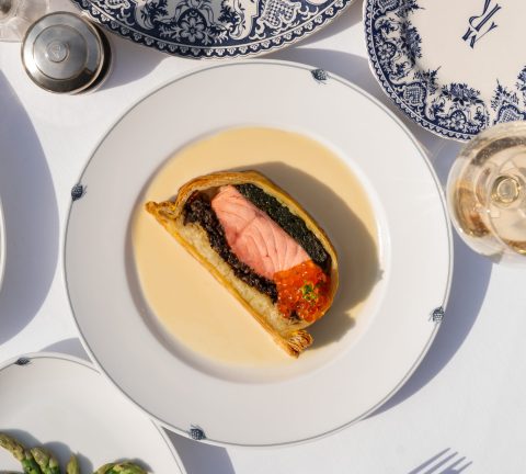 Iconic Plate: Salmon coulibiac with beurre blanc and cured salmon eggs