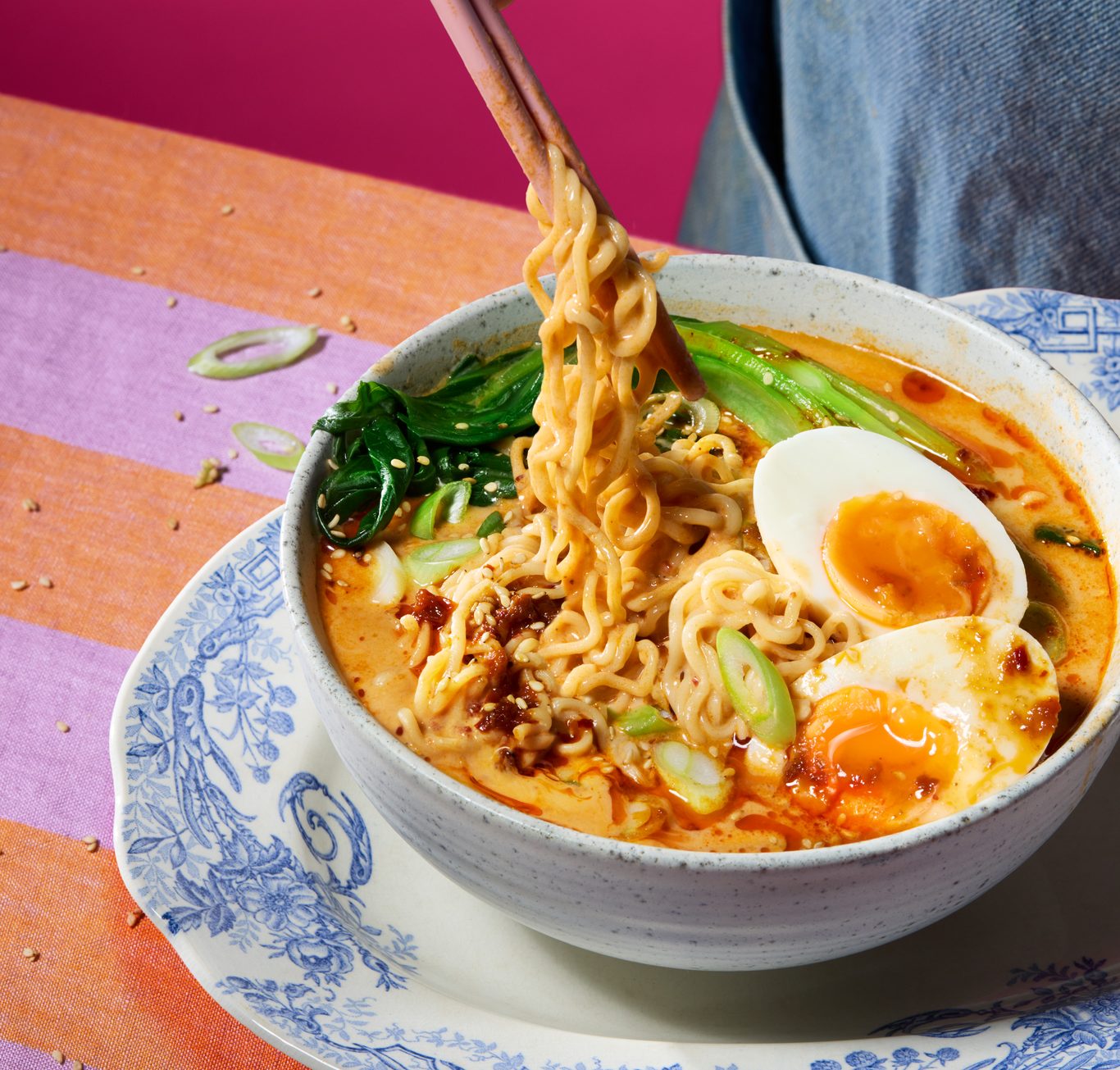 Creamy tofu & harissa noodles with jammy eggs