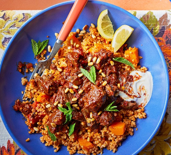 Rose harissa tempeh kebabs with bulgur wheat