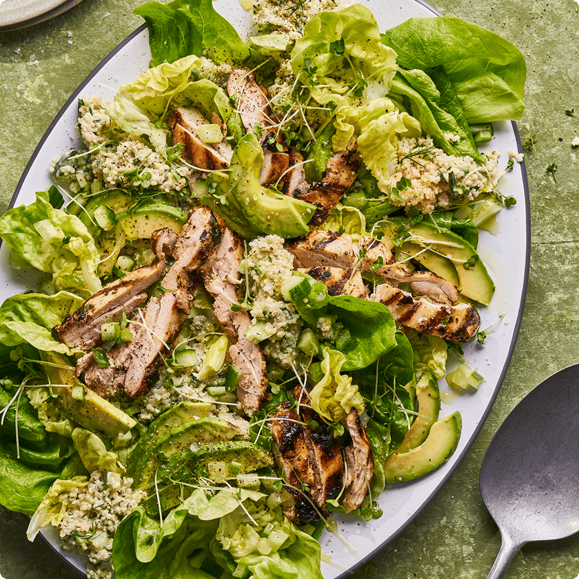 Chicken & avocado quinoa salad with green goddess buttermilk dressing