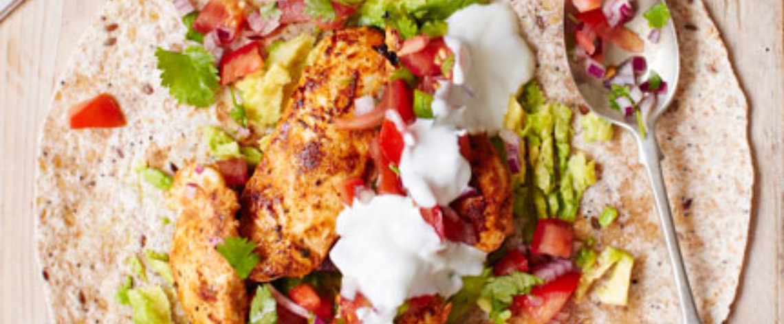 Griddled chicken fajitas with squashed avocado