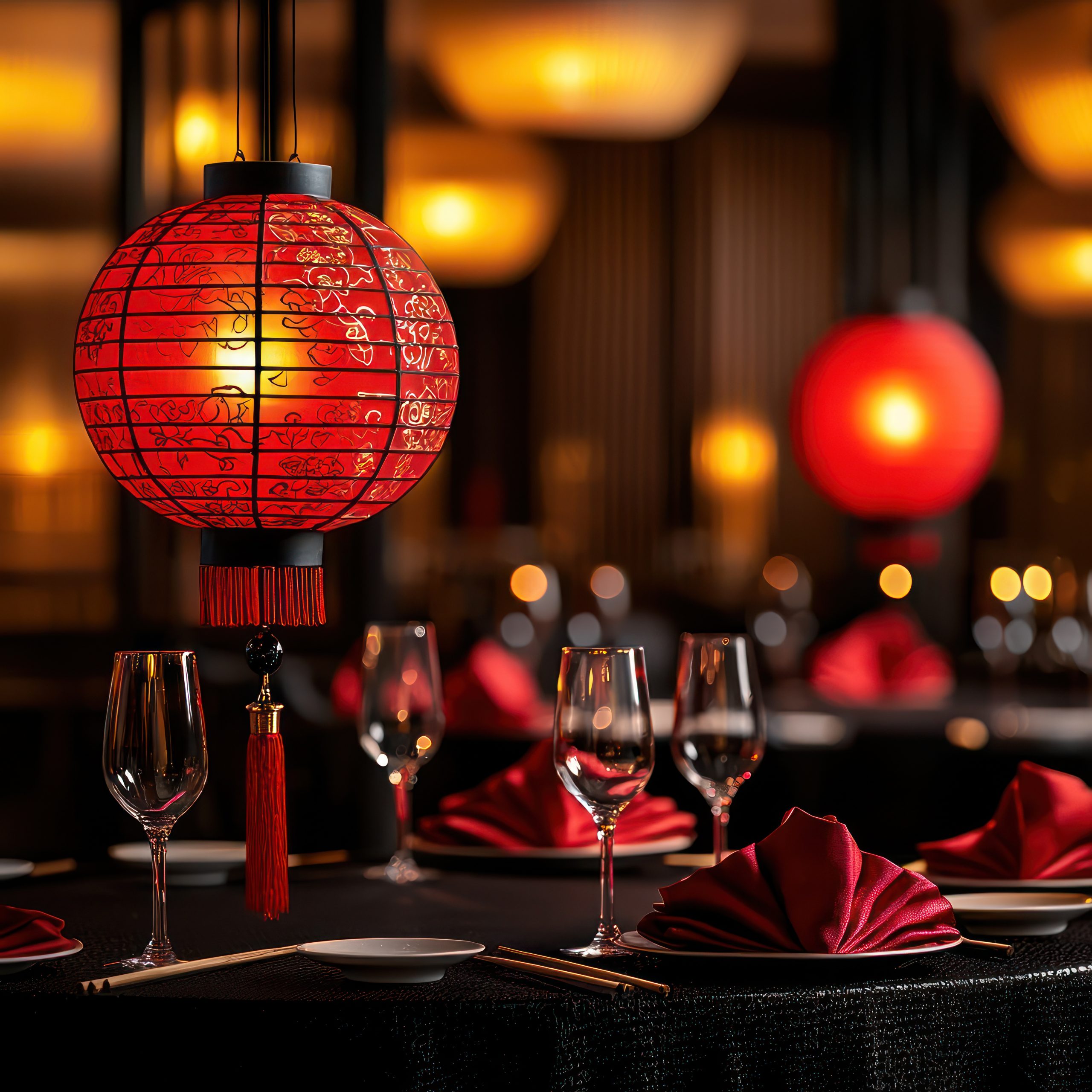 A luxurious Chinese New Year dining setup featuring traditional red lanterns, creating an atmospheric and cultural celebration scene