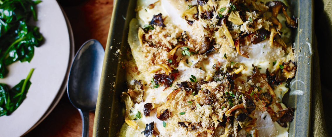 Smoked haddock & wild mushroom traybake