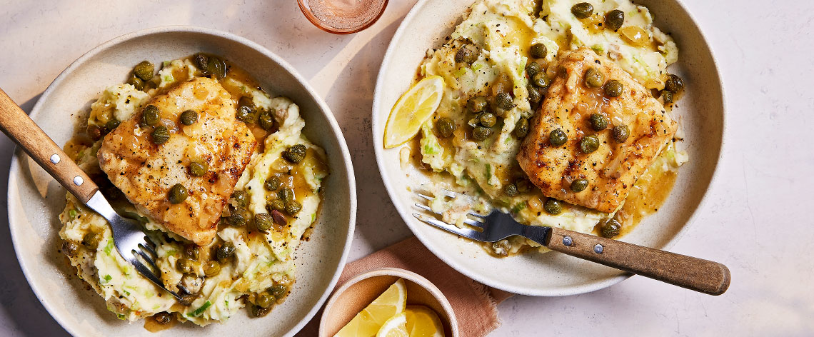 Cod piccata with cheesy leek mash